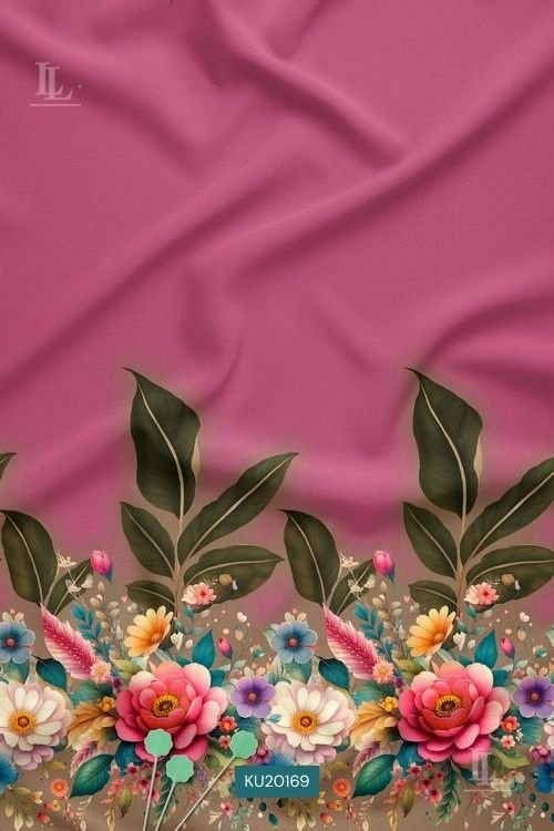 Floral Border Digital Print Fabric in Pink Festive Placement Design