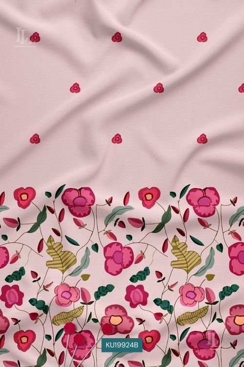 Floral Border Digital Print Fabric in Soft Blush with Nature Motif