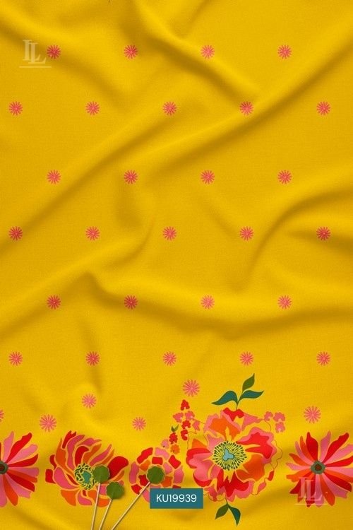 Floral Border Digital Print Fabric in Yellow Festive Buti Pattern