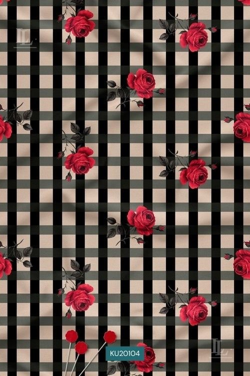 Floral Checks Digital Print Fabric in Black Rose Contemporary Design