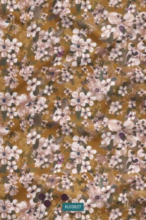 Floral Contemporary Digital Print Fabric in Mustard Blossom Design
