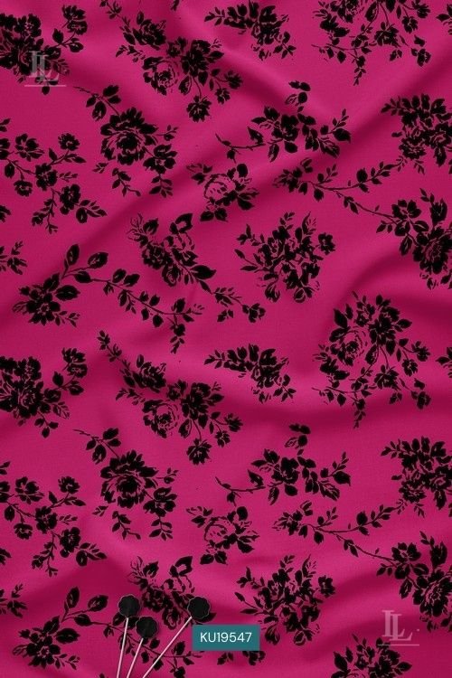 Floral Digital Print Fabric in Magenta Pink with Black Vintage Rose Motifs