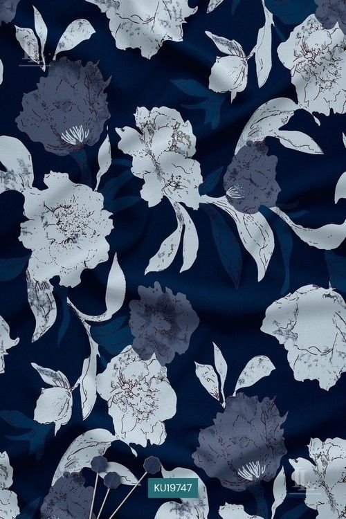 Floral Digital Print Fabric in Navy Blue with Monochrome Statement Flower Design
