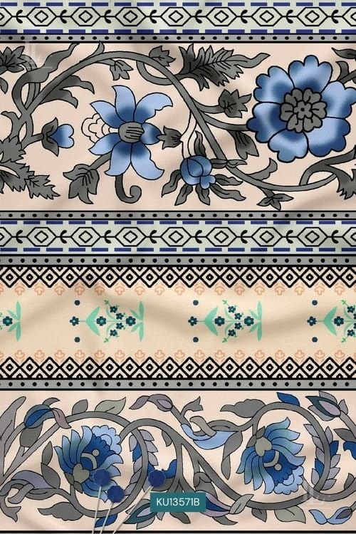 Floral Kalamkari Contemporary Digital Print Fabric with Blue Botanical Borders