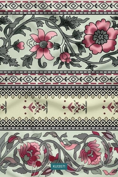 Floral Kalamkari Digital Print Fabric with Decorative Borders