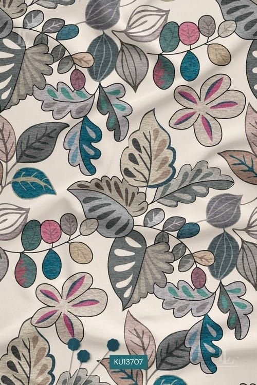 Floral Nature Motif Digital Print Fabric with Stylized Leaves
