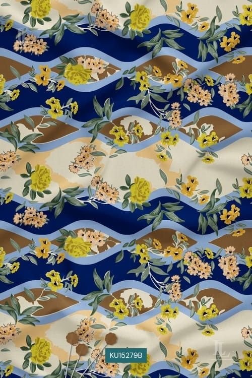 Floral Nature Motif Digital Print Fabric with Wavy Pattern