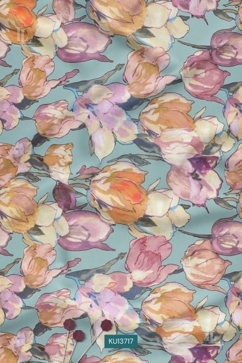 Floral Watercolor Digital Print Fabric in Aqua Tulip Design