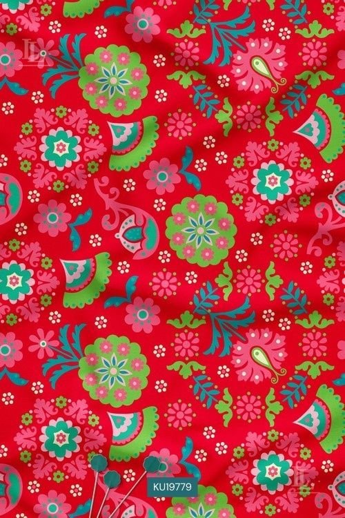 Folk Floral Digital Print Fabric in Red with Festive Ethnic Motif Design