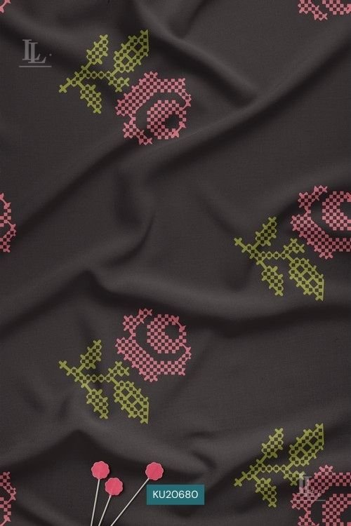 Geometric Floral Digital Print Fabric in Pixel Rose Black Design