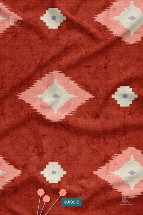 Ikat Geometric Digital Print Fabric in Rust Red with Ethnic Diamond Motif Design