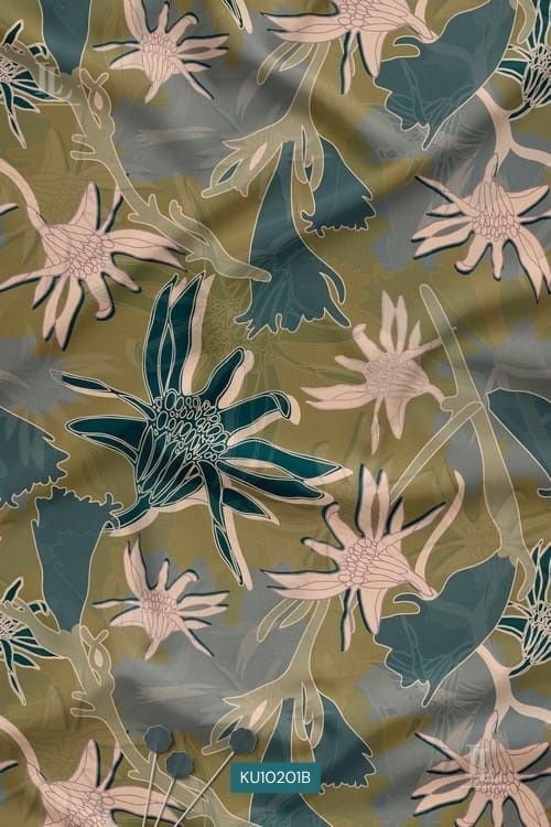 Olive teal nature motif floral printed fabric