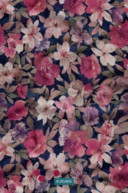 Midnight navy watercolor floral digital print with pink and purple blooms