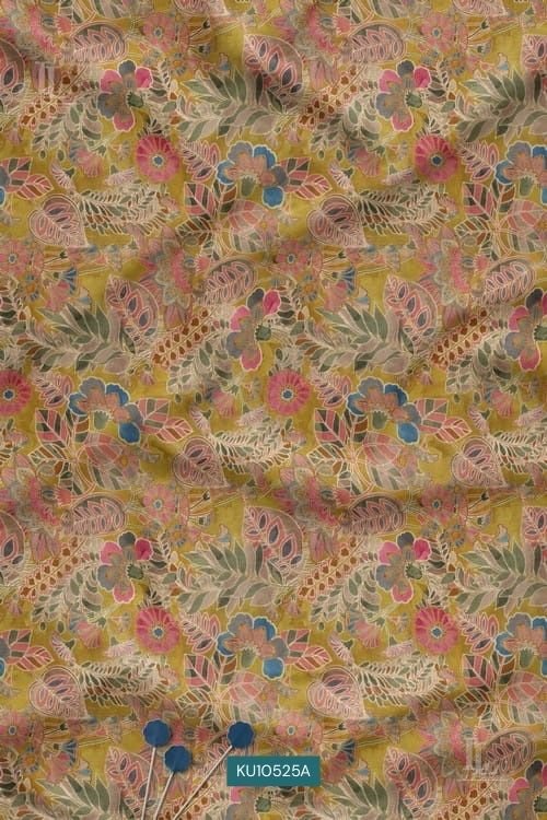 Folk art nature motif digital printed fabric with ethnic floral design