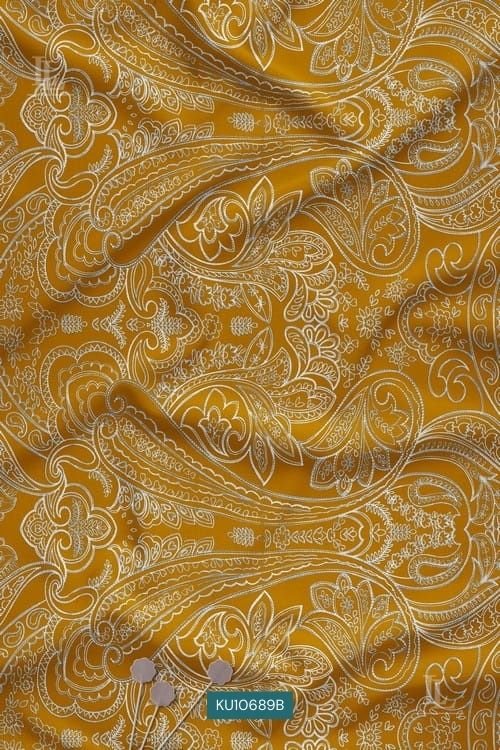 Mustard yellow base white paisley digital print fabric