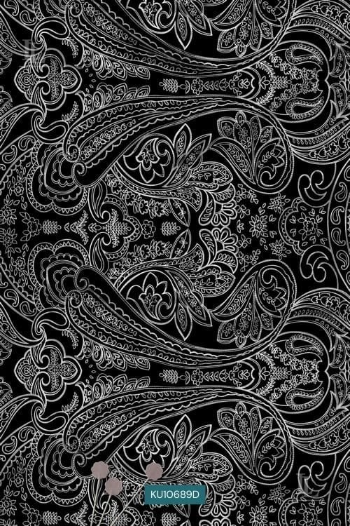 Black base white paisley digital print fabric