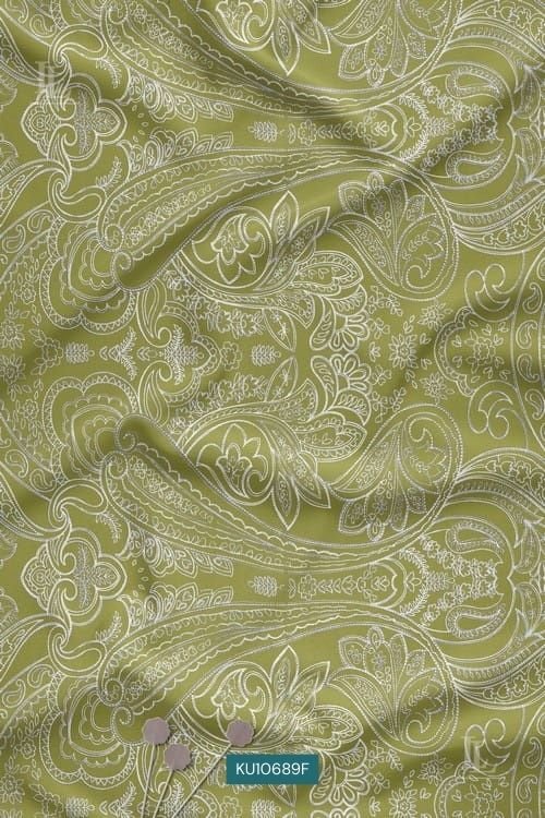 Olive green fabric with intricate white paisley floral pattern print