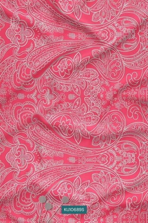 Rich baby pink base paisley print fabric with intricate white detailing