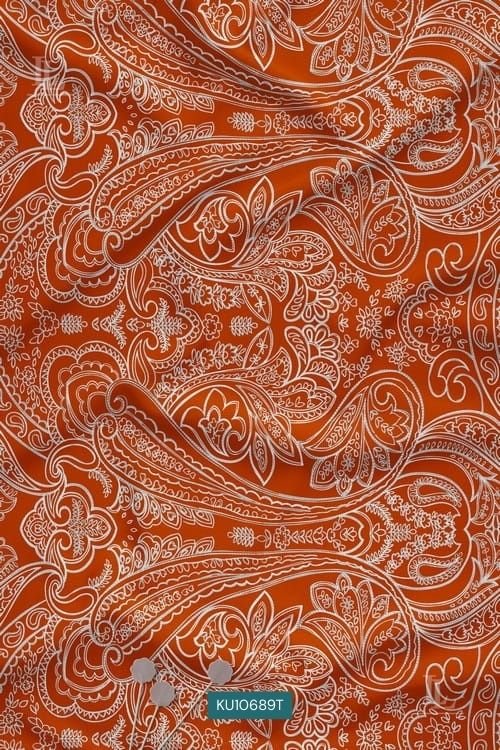 Deep Orange Base White Paisley Digital Print Fabric