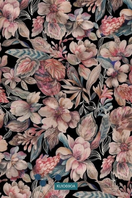 Vintage midnight botanical digital printed fabric with dusty rose and lavender floral design