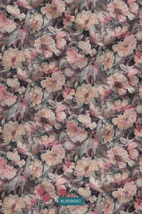 Vintage blush peony garden digital printed fabric with cream and mauve flowers