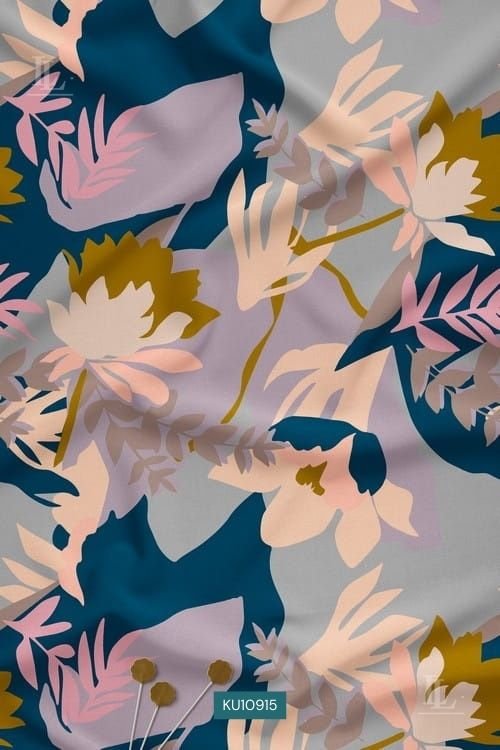 Modern abstract botanical digital printed fabric with teal, ochre, and blush floral motifs