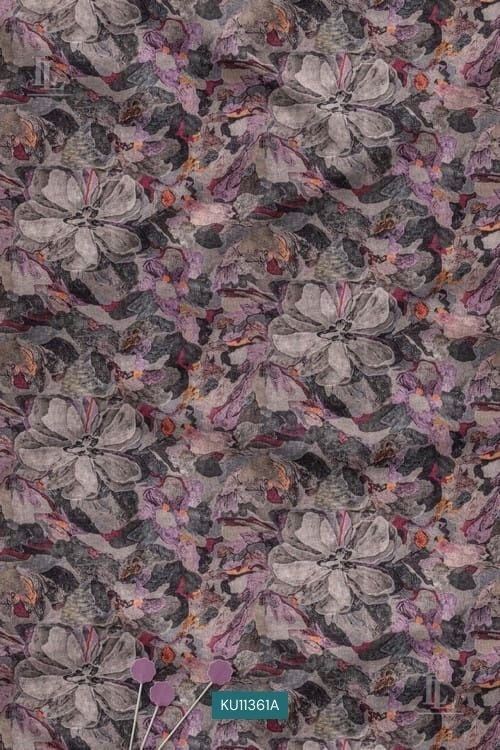 Grey mauve watercolor floral printed fabric