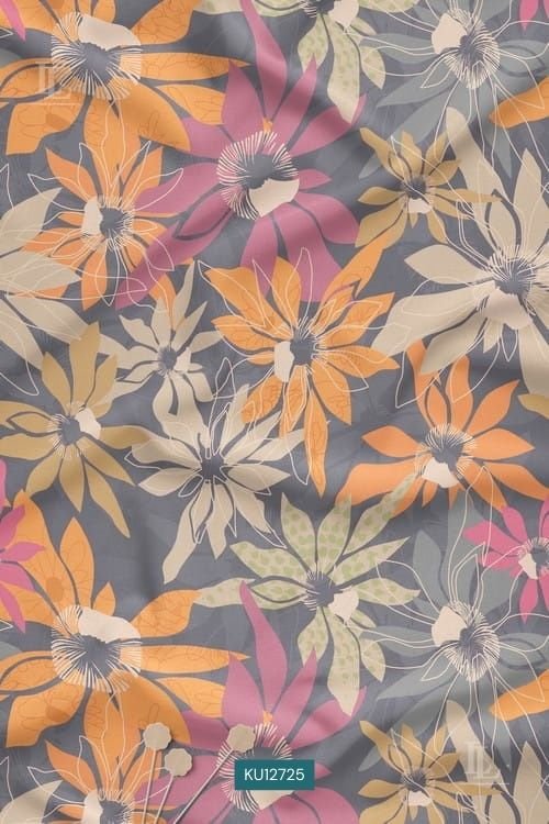 Grey contemporary floral printed fabric