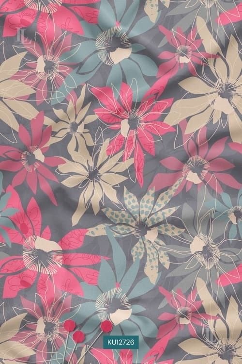 Charcoal grey contemporary multi-color floral fabric