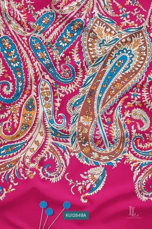 Magenta paisley digital printed fabric with folk art floral detailing