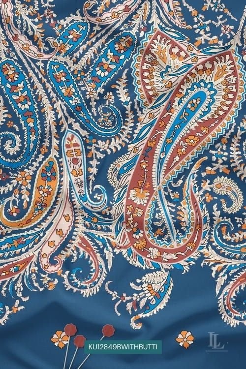Ornate paisley folk art digital printed fabric with floral motifs
