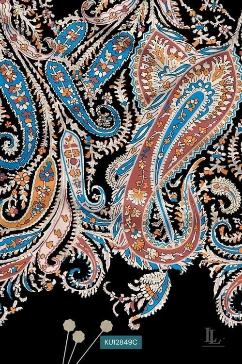 Black base folk art paisley digital printed fabric