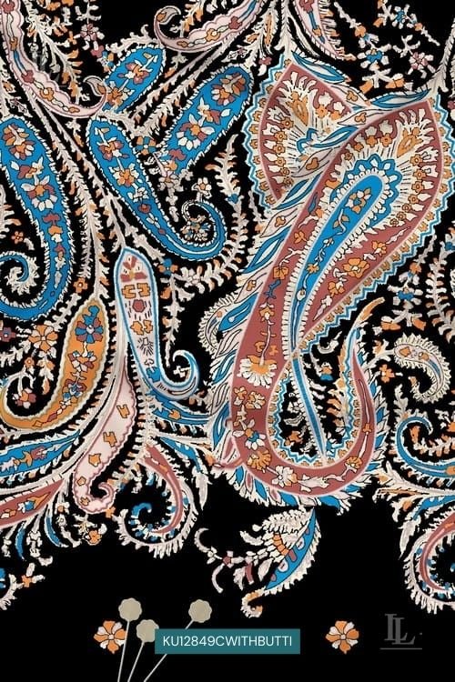 Black base paisley butti digital printed fabric