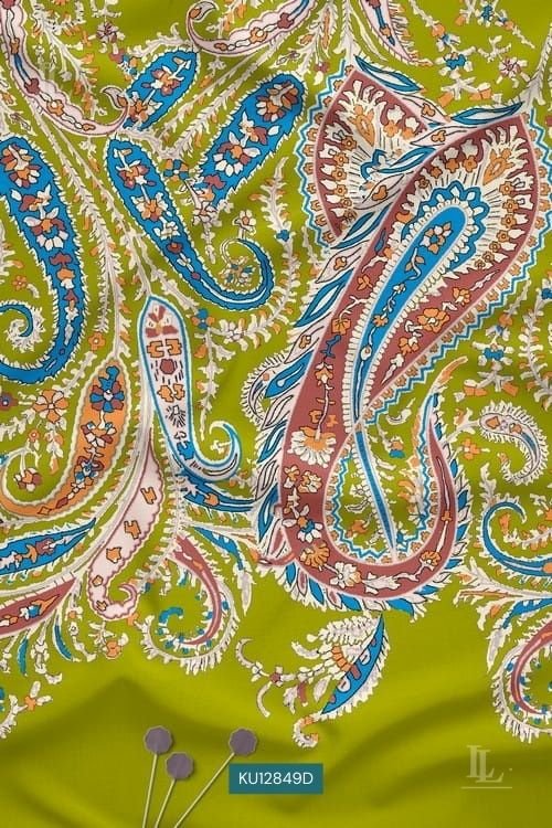 Green base folk art paisley digital printed fabric