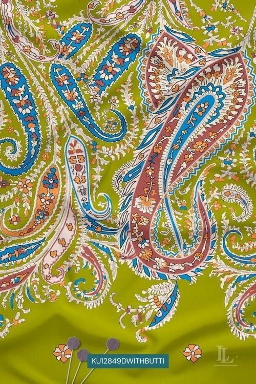 Green base paisley butti digital printed fabric