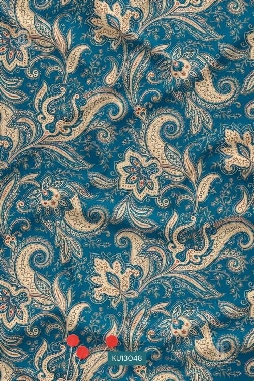 Teal blue base paisley floral digital print fabric