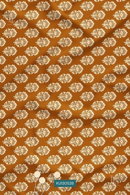 Brown digital printed fabric with white leaf floral pattern