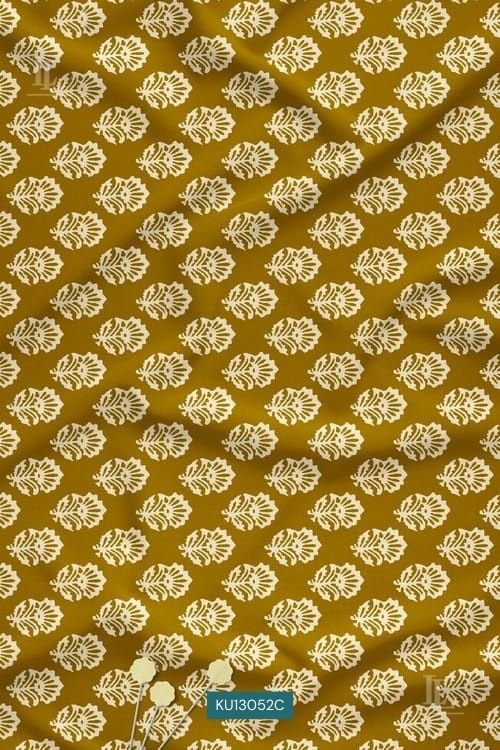 Mustard yellow digital printed fabric with white leaf floral pattern