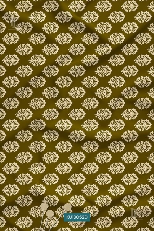 Olive green digital printed fabric with white leaf pattern
