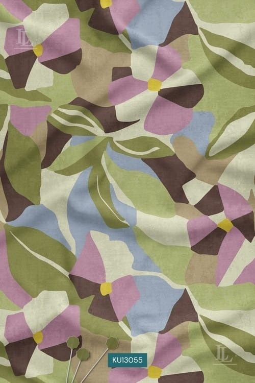 Pastel abstract oversized floral print on sage green fabric