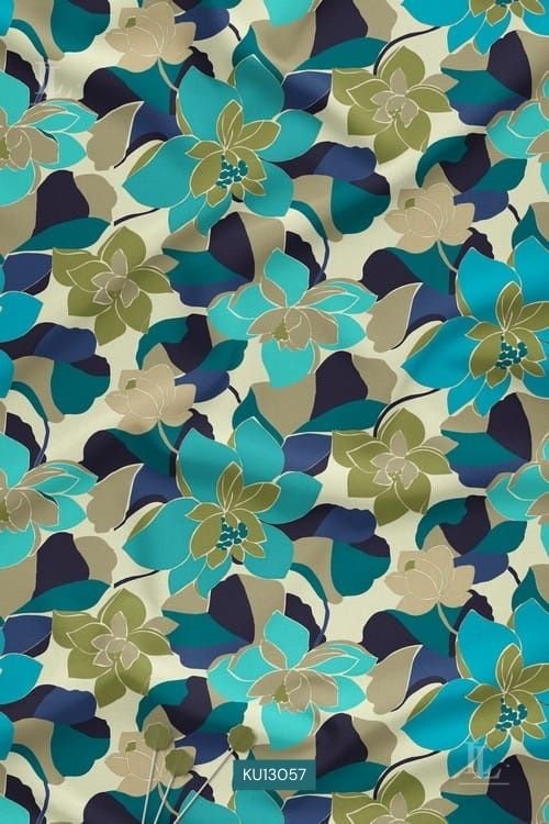 Teal and olive layered floral print on beige fabric