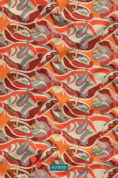 Orange and red abstract floral wave print fabric