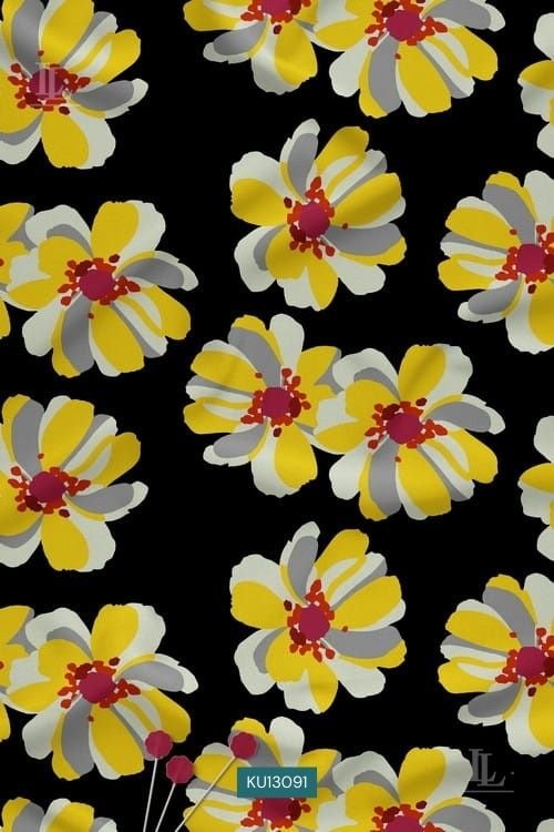 Yellow floral print fabric on black background