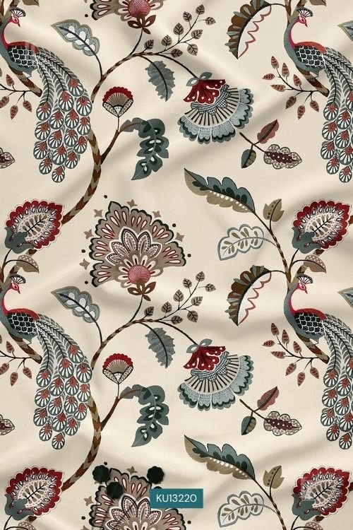 Ivory peacock and floral botanical print with folk design