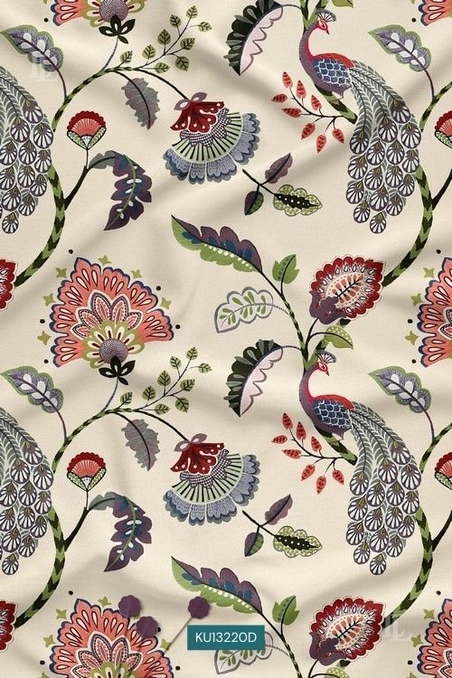 Elegant ivory peacock botanical print with muted plum accents