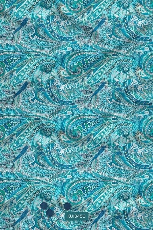 Aqua and teal intricate paisley digital print fabric