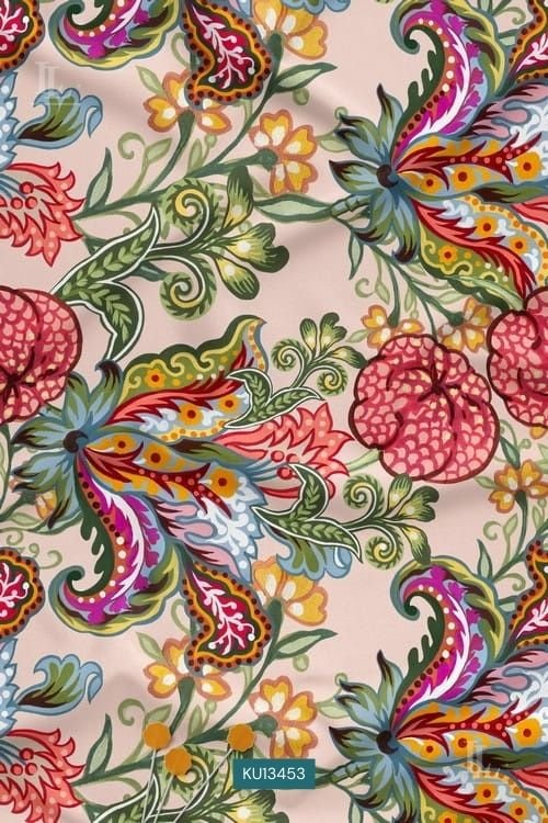 Vibrant magenta and teal paisley floral print on pastel pink fabric