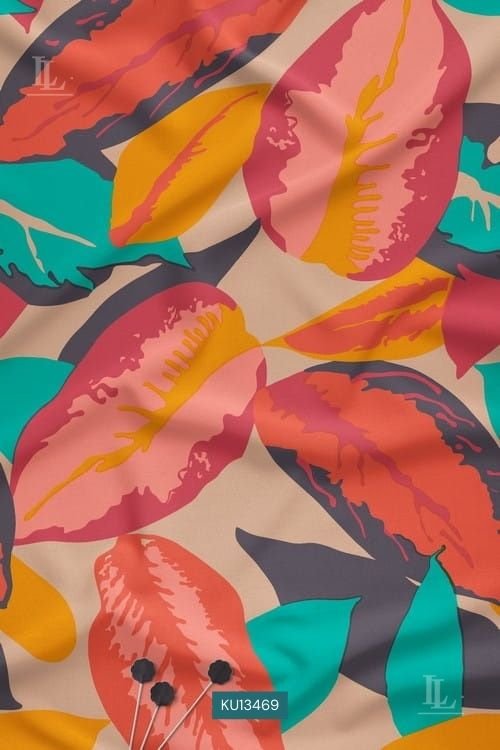 Vibrant coral and mustard abstract leaf silhouette print on beige fabric