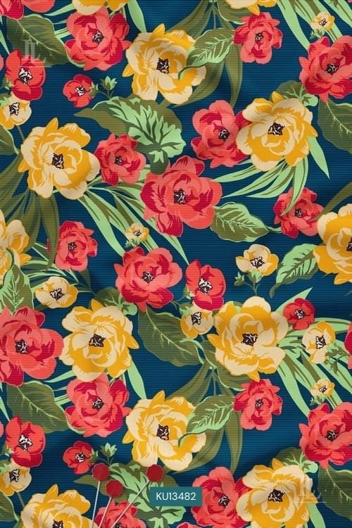 VVibrant crimson and ochre gardenia floral print on a deep teal textured background