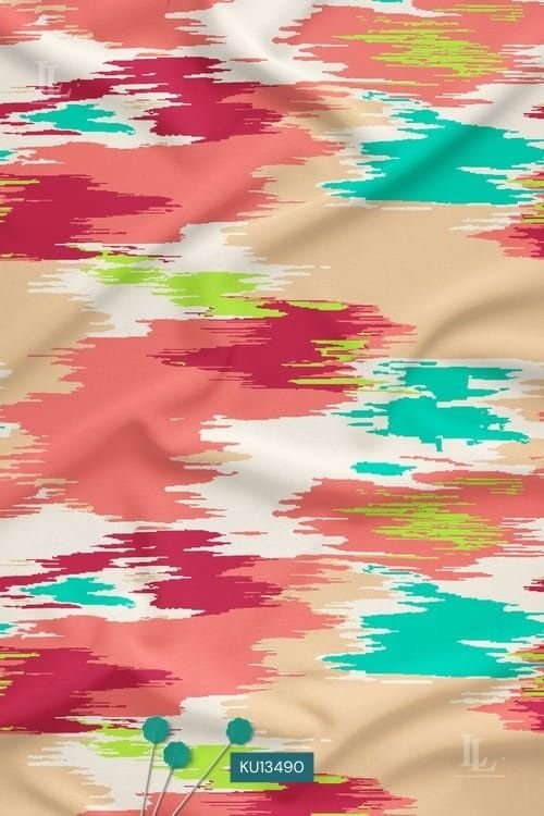 Turquoise abstract ikat brushstroke print on beige fabric